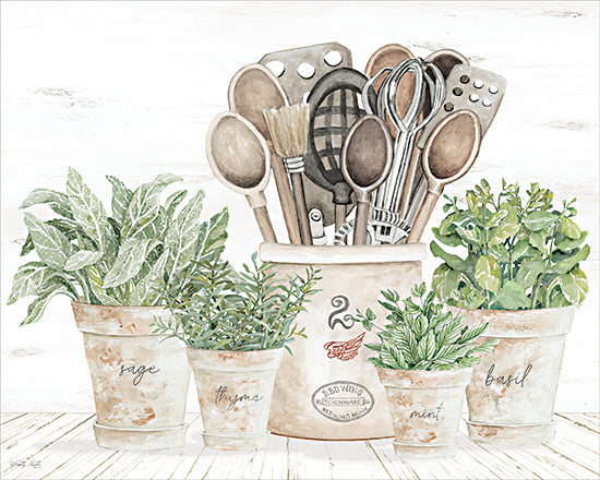 Cindy Jacobs CIN4691 - CIN4691 - Fresh Herb Shelf - 16x12 home spaces, botanical, still life, food & drink, kitchen, greenery, fruit & vegetables, herbs, potted plants, kitchen utensils, wooden utensils, sage, basil, thyme, modern farmhouse, decorative, watercolor, neutral from Penny Lane
