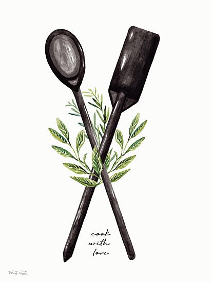 Cindy Jacobs CIN4701 - CIN4701 - Cook with Love - 12x16 cook with love, crossed utensils, black spoon, black spatula, green herb sprigs, culinary herbs, kitchen love quote, watercolor kitchen art, hand painted cooking tools, rustic utensil art, farmhouse kitchen decor, cooking sentiment, handwritten script, white background, leafy herbs, chef decor, food preparation, kitchen sign style, simple kitchen print, modern farmhouse, green botanical accent, recipe decor, culinary wall art from Penny Lane
