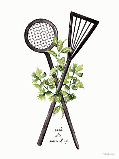 Cindy Jacobs CIN4702 - CIN4702 - Serve It Up - 12x16 cook stir serve it up, crossed kitchen utensils, skimmer, spatula, black utensils, fresh herb leaves, parsley, mint, green herbs, watercolor cooking art, kitchen quote, handwritten script, farmhouse kitchen decor, culinary tools, rustic chef print, white background, cooking phrase, herb garden accents, food prep tools, decorative kitchen wall art, country kitchen style, hand painted utensils, botanical kitchen art from Penny Lane