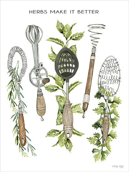 Cindy Jacobs CIN4703 - CIN4703 - Herbs Make it Better - 12x16 herbs make it better, vintage kitchen tools, whisk, hand beater, masher, spring whisk, wire skimmer, wooden handles, herb sprigs, leafy greens, watercolor utensil collection, farmhouse kitchen art, cooking tools, culinary herbs, kitchen typography, rustic kitchen decor, hand painted illustration, antique utensils, botanical accents, white background, food preparation, country kitchen, still life arrangement, herb garden decor from Penny Lane