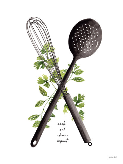 Cindy Jacobs CIN4723 - CIN4723 - Cook, Eat, Clean, Repeat - 12x16 still life, botanical, home spaces, typography, food & drink, greenery, kitchen, inspirational, whisk, slotted spoon, parsley, cooking utensils, quote, contemporary, whimsical, watercolor, green from Penny Lane