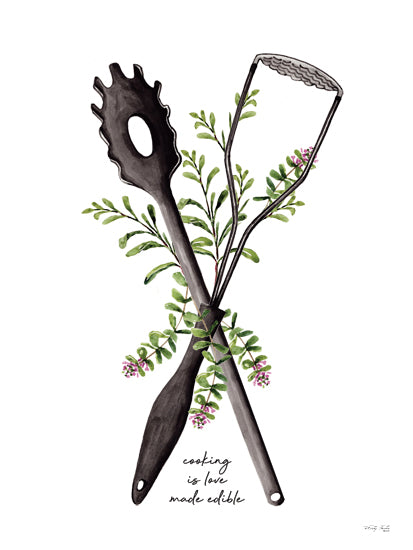 Cindy Jacobs CIN4724 - CIN4724 - Cooking Is Love Made Edible - 12x16 home spaces, botanical, typography, food & drink, kitchen, greenery, leaves, word art, inspirational, kitchen utensils, cooking, spatula, masher, quote, herb, sprig, whimsical, decorative, watercolor, multicolor from Penny Lane