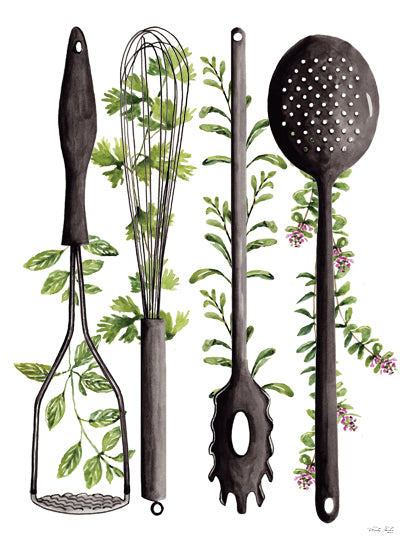 Cindy Jacobs CIN4725 - CIN4725 - Cooking Utensils - 12x16 botanical, home spaces, still life, food & drink, greenery, leaves, kitchen, fruit & vegetables, herbs, kitchenware, parsley, thyme, whisk, masher, spoon, decorative, whimsical, watercolor, green from Penny Lane