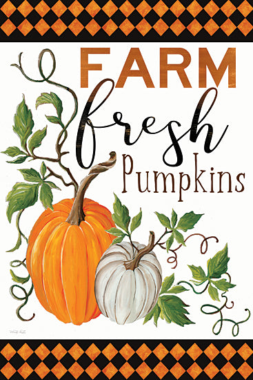 Cindy Jacobs CIN4763 - CIN4763 - Farm Fresh Pumpkins - 12x18 farm fresh pumpkins sign, fall harvest decor, orange pumpkin and white pumpkin, autumn vines and leaves, rustic farmhouse typography, country sign art, seasonal fall wall art, watercolor illustration, thanksgiving decor, kitchen sign, modern farmhouse, decorative typography from Penny Lane