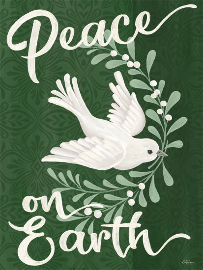 Cat Thurman Designs CTD359 - CTD359 - Peace on Earth Doves - 12x16 peace on earth, white dove, flying dove, olive branch, greenery, botanical sprigs, scripted typography, Christmas message, holiday sentiment, spiritual wall art, serene green background, winter decor, farmhouse Christmas, faith inspired art, peaceful home decor, elegant bird illustration, seasonal sign art, calming neutral green palette from Penny Lane
