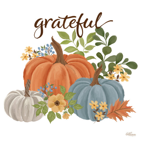 Cat Thurman Designs CTD375 - CTD375 - Grateful - 12x12 grateful quote, pumpkins, autumn florals, orange pumpkin, blue pumpkin, white pumpkin, fall leaves, harvest arrangement, thanksgiving decor, gratitude art, seasonal typography, rustic autumn palette, floral pumpkin composition, cozy farmhouse wall art, thankful home decor, botanical accents, painterly illustration, harvest season sign from Penny Lane