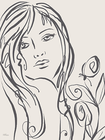 Cat Thurman Designs CTD402 - CTD402 - Roses - 12x16 Minimal line art portrait of woman with long hair, black ink sketch, modern fashion illustration, floral swirl accent, contemporary figurative drawing, neutral background, feminine, whimsical outline art from Penny Lane