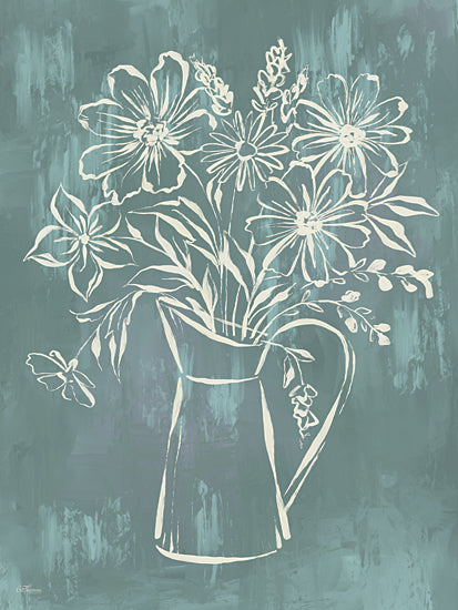 Cat Thurman Designs CTD416 - CTD416 - Etched Bouquet II - 12x16 teal floral bouquet, white line art flowers, pitcher vase, hand drawn botanical sketch, abstract painted background, teal green brush strokes, farmhouse floral wall art, minimalist floral illustration, modern still life, spring decor, cottage style, garden flowers, simple outlines, textured painterly backdrop from Penny Lane