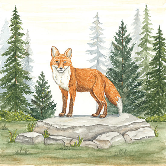 Deb Strain DS2400 - DS2400 - Fox in Forest - 12x12 watercolor red fox, woodland fox standing on rocks, evergreen forest, pine trees, soft green landscape, wild animal portrait, nature illustration, rustic lodge style, orange fox fur, forest clearing, whimsical wildlife from Penny Lane