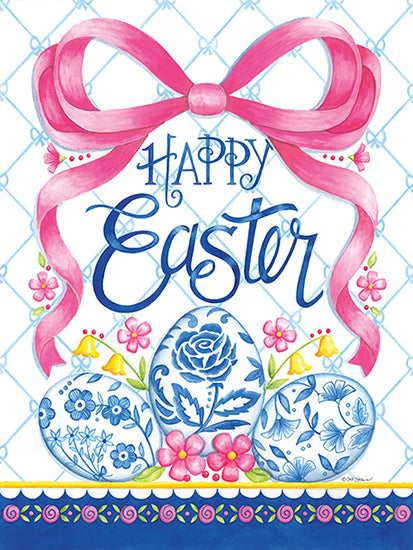 Deb Strain DS2416 - DS2416 - Chinoiserie Easter Eggs - 12x16 Happy Easter, Easter eggs, pink bow, floral eggs, spring flowers, pastel holiday art, Easter typography, feminine spring decor, ribbon frame, blue and white egg patterns, cheerful seasonal design, holiday wall art, spring celebration, cute Easter sign, decorative floral border, pastel home decor, festive Easter illustration from Penny Lane
