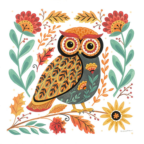 Deb Strain DS2434 - DS2434 - Autumn Folk Friends - Owl - 12x12 owl, floral owl, autumn owl, folk art owl, woodland bird, colorful feathers, fall leaves, whimsical wildlife, orange and green palette, decorative bird art, nature illustration, botanical accents, woodland decor, harvest season styling, bright folk motifs, perched owl design, playful autumn wall art from Penny Lane