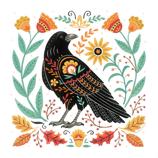 Deb Strain DS2435 - DS2435 - Autumn Folk Friends - Crow - 12x12 crow, raven, black bird, floral crow, autumn bird art, fall leaves, folk art raven, moody woodland decor, botanical accents, Halloween feel, whimsical black bird, seasonal nature illustration, harvest color palette, decorative bird painting, woodland wall art, rustic fall design, bold black silhouette bird from Penny Lane