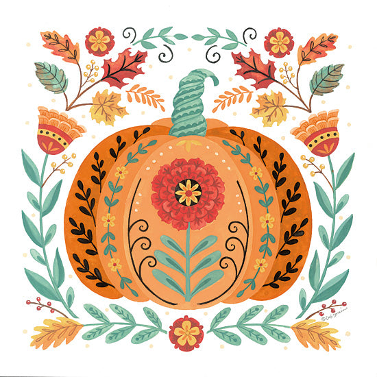 Deb Strain DS2438 - DS2438 - Folk Floral Pumpkin I - 12x12 pumpkin, floral pumpkin, autumn pumpkin art, folk art harvest, fall leaves, botanical pumpkin, orange pumpkin illustration, harvest decor, thanksgiving style, whimsical seasonal art, cottage folk design, decorative autumn wall art, vegetable art, bright fall palette, nature inspired harvest decor, floral folk motifs from Penny Lane