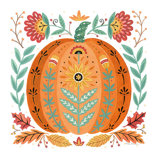 Deb Strain DS2441 - DS2441 - Folk Floral Pumpkin IV - 12x12 pumpkin, floral pumpkin, autumn folk art, sunflower style bloom, fall leaves, harvest illustration, thanksgiving decor, whimsical vegetable art, botanical accents, orange pumpkin wall art, seasonal cottage decor, bright autumn palette, decorative harvest design, rustic folk style, cheerful fall artwork, floral harvest motif from Penny Lane