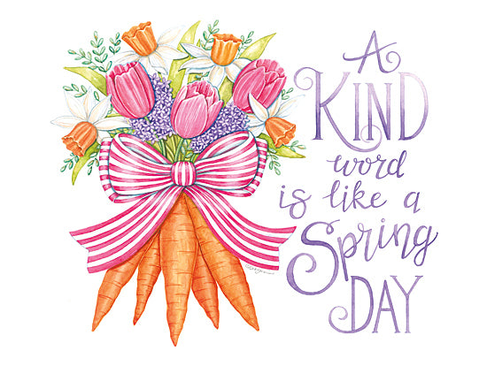 Deb Strain DS2447 - DS2447 - Carrot Bouquet - 16x12 watercolor carrot bouquet, spring flowers, tulips, daffodils, striped pink bow, hand lettering, kind word is like a spring day, Easter carrots, cheerful floral arrangement, garden vegetables, inspirational kindness quote, bright spring decor from Penny Lane