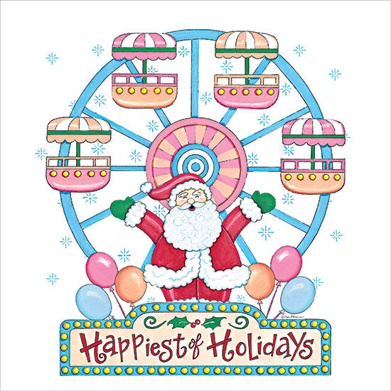 Deb Strain DS2456 - DS2456 - Happiest of Holidays Ferris Wheel - 12x12 watercolor Christmas ferris wheel, Santa Claus, balloons, happiest of holidays sign, carnival ride, snowflakes, pink and teal holiday colors, whimsical seasonal fair, festive amusement park decor, cheerful Santa illustration from Penny Lane