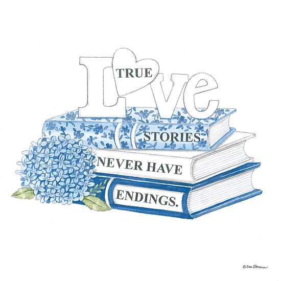 Deb Strain DS2465 - DS2465 - True Love Stories - 12x12 still life, botanical, typography, floral, inspirational, word art, books, hydrangea, quote, decorative, feminine, watercolor, blue from Penny Lane