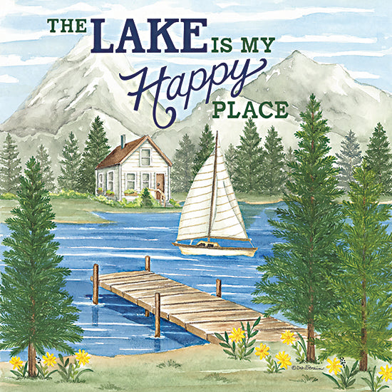 Deb Strain DS2485 - DS2485 - The Lake is My Happy Place - 12x12 landscape, typography, lake & lodge, trees, inspirational, word art, mountains, cabin, dock, sailboat, pine trees, dandelions, whimsical, decorative, watercolor, blue from Penny Lane