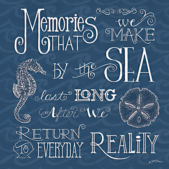 Deb Strain DS2500 - DS2500 - Memories That We Make by the Sea - 12x12 coastal, typography, animals, symbols & icons, backgrounds & patterns, sea life, inspirational, seahorse, sand dollar, seashell, ocean, quote, wave, beach, decorative, whimsical, digital illustration, navy from Penny Lane
