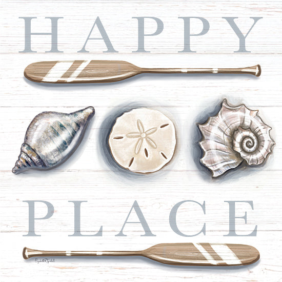 Elizabeth Tyndall ET321 - ET321 - Happy Place - 12x12 Coastal, Happy Place, Typography, Signs, Textual Art, Seashells, Sand Dollar, Oars, Wood Plank Background from Penny Lane