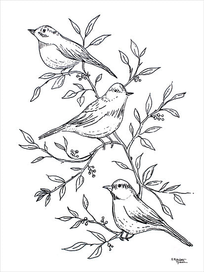 Elizabeth Tyndall ET395 - ET395 - Botanical Birds I - 12x16 bird illustration, black and white line art, perched birds, botanical branches, minimalist nature drawing, woodland sketch from Penny Lane