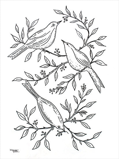 Elizabeth Tyndall ET396 - ET396 - Botanical Birds II - 12x16 songbird illustration, black and white drawing, botanical branches, nature sketch, minimalist bird art, woodland illustration from Penny Lane