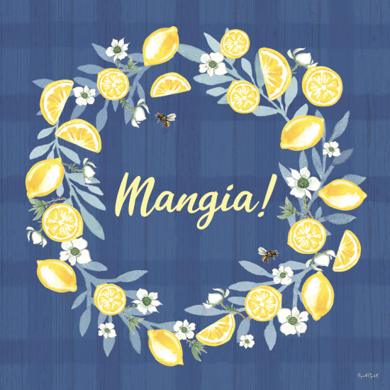 Elizabeth Tyndall ET522 - ET522 - Mangia! - 12x12 mangia sign, lemons and blossoms, bees, blue gingham background, italian kitchen decor, summer fruits from Penny Lane