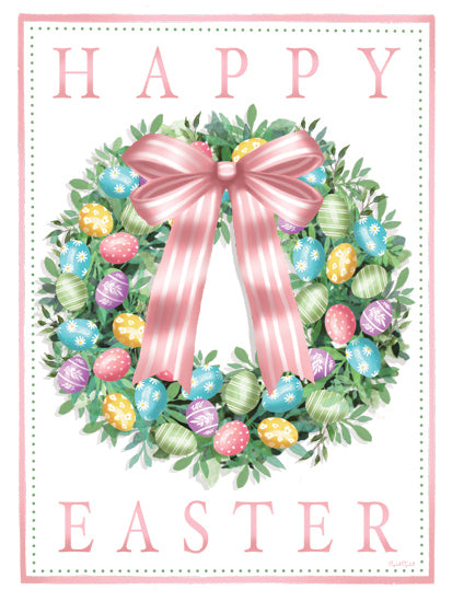 Elizabeth Tyndall ET581 - ET581 - Happy Easter Wreath - 12x16 happy easter wreath, pastel easter eggs, pink bow, spring greenery, decorative wreath, holiday sign, farmhouse easter decor, feminine pastel palette, egg wreath illustration, seasonal wall art, hand-painted design, soft spring colors, ribbon bow, festive easter art, cheerful holiday typography from Penny Lane