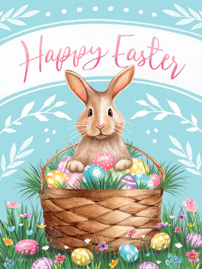 Elizabeth Tyndall ET582 - ET582 - Happy Easter Bunny Basket - 12x16 happy easter bunny, rabbit in basket, pastel easter eggs, spring flowers, grass, whimsical bunny art, mint green background, holiday sign, cute animal illustration, spring decor, farmhouse easter art, hand-painted rabbit, seasonal wall art, cheerful pastel palette, children's holiday artwork from Penny Lane
