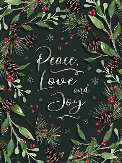Elizabeth Tyndall ET628 - ET628 - Peace Love and Joy - 12x16 peace love joy typography, christmas wreath, evergreen branches, pinecones, berries, winter holiday decor, festive greenery from Penny Lane