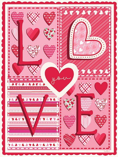 Elizabeth Tyndall ET663 - ET663 - Love You - 12x16 valentine hearts, love theme, pink red palette, romantic design, patterned hearts, feminine decor, valentine card style, typography love, whimsical hearts, decorative pattern from Penny Lane