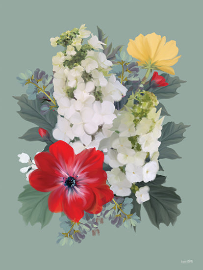 House Fenway FEN1233 - FEN1233 - Sage Flower Fete II - 12x16 floral bouquet, red flower, white hydrangea, yellow bloom, green foliage, mint green background, spring garden arrangement, painterly texture, bright botanical still life, decorative wall art, soft feminine palette from Penny Lane