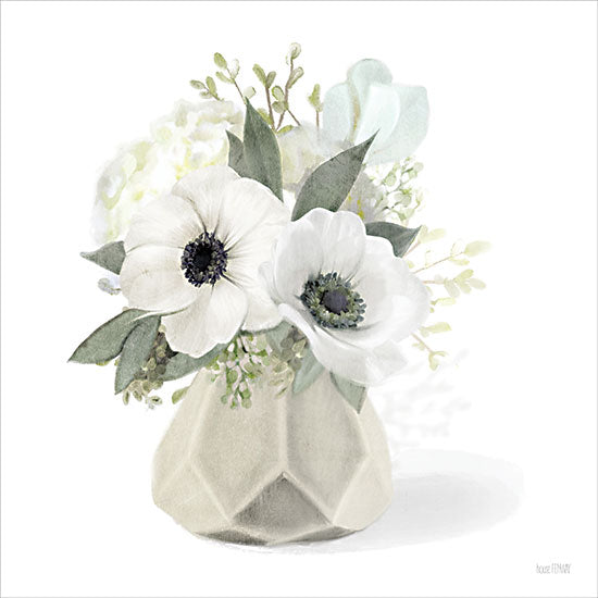 House Fenway FEN971 - FEN971 - Poises in Beige Vase   - 12x12 watercolor floral arrangement, white anemone flowers, black centers, soft green foliage, modern vase, geometric faceted vase, minimal white background, airy bouquet, neutral decor, contemporary floral art, soft pastel tones, elegant still life from Penny Lane