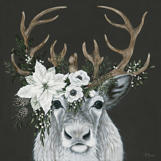 Hollihocks Art HH183 - HH183 - Snow the Reindeer  - 12x12 deer portrait, wildlife art, floral crown, woodland theme, antlers with flowers, rustic decor, holiday inspiration from Penny Lane