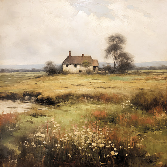 Heidi Kuntz HK213 - HK213 - Cottage in the Meadow   - 12x12 cottage, countryside, wildflowers, meadow, rustic house, summer field, serene, trees, pond, nature painting, impressionist landscape from Penny Lane