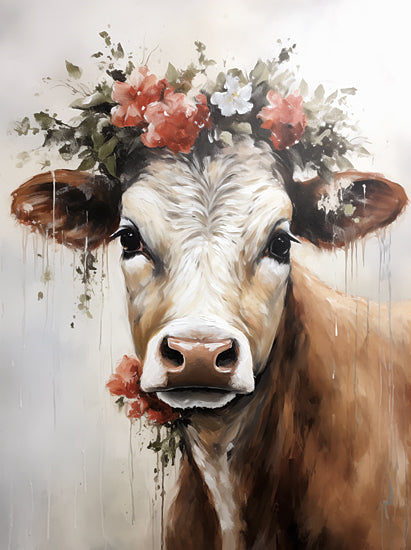 Heidi Kuntz HK259 - HK259 - Farm Day Fun   - 12x16 cow with red flowers, rustic charm, farm animal portrait, pastoral art, farmhouse painting from Penny Lane