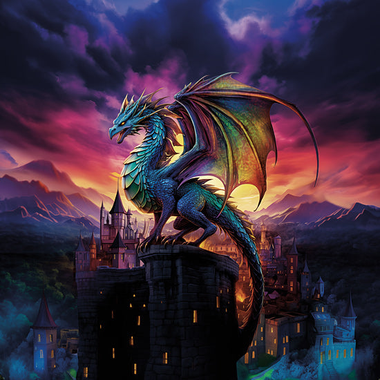 Heidi Kuntz HK265 - HK265 - Mystic Twilight    - 12x12 Mystical, Dragon, Fantasy, Landscape, Sunset, Castle, Village, Mountains, Colorful Sky from Penny Lane