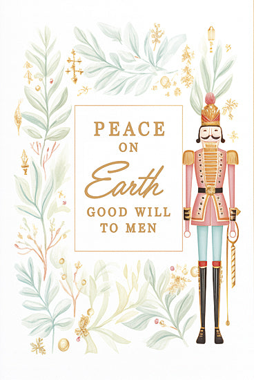 Heidi Kuntz HK305 - HK305 - Peace on Earth Nutcracker  - 12x18 peace on earth, holiday greeting, nutcracker soldier, festive typography, gold foil accents, greenery border, inspirational message from Penny Lane