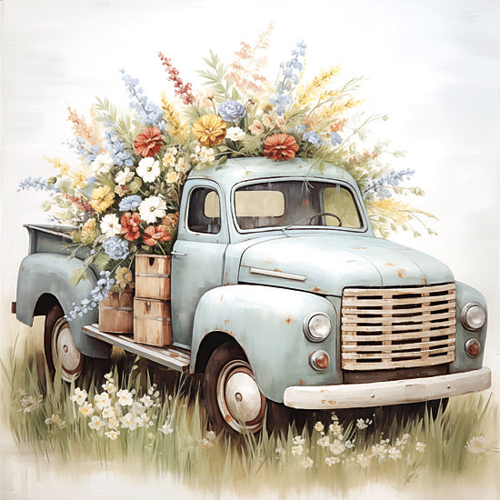 Heidi Kuntz HK311 - HK311 - Flower Haul    - 12x12 mint green vintage pickup truck overflowing with flowers, floral crates, spring meadow, rustic farm truck, pastel watercolor, wildflower bouquet, antique vehicle, cottage garden, cheerful country art, blooming pickup, farmhouse decor from Penny Lane