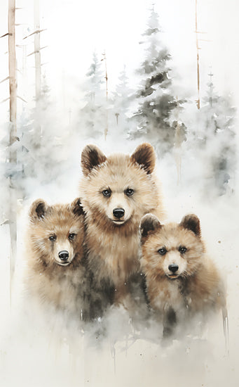 Heidi Kuntz HK326 - HK326 - Three Little Bears    - 12x18 Three bear cubs, forest background, wildlife, juvenile animals, misty woods, painterly brush strokes from Penny Lane