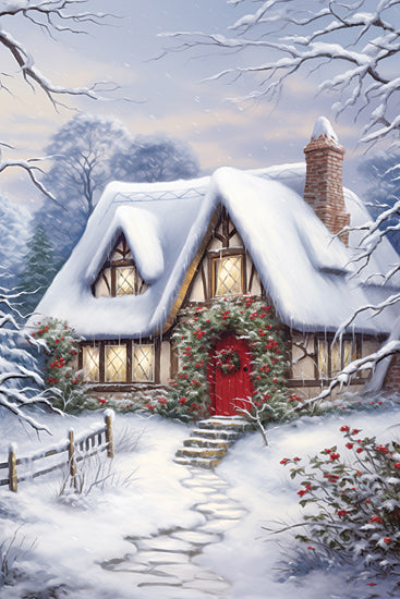 Heidi Kuntz HK344 - HK344 - Holiday in the Snow  - 12x18 Winter, Christmas, Holly, Berries, Garland, Cottage, Snow, Walkway, Stairs, Red Front Door from Penny Lane