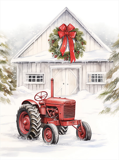 Heidi Kuntz HK402 - HK402 - Winter Wonderland Workshop   - 12x16 red tractor in snow, white barn with Christmas wreath, evergreen trees, red bow, winter farm scene, snowy country yard, holiday farmhouse, vintage tractor, festive rural Christmas watercolor from Penny Lane