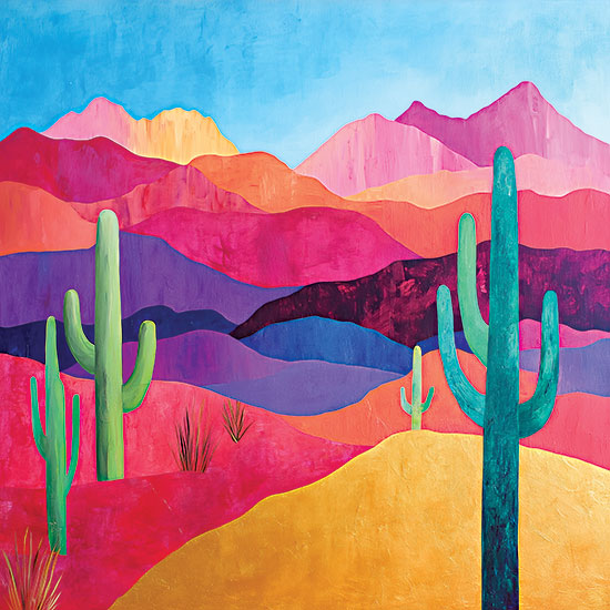 Heidi Kuntz HK428 - HK428 - Colorful Desert Sunset   - 12x12 bright colorful desert mountains, saguaro cactus, layered pink orange purple hills, turquoise sky, southwestern landscape, bold acrylic brush strokes, whimsical desert art, vibrant cactus scene, modern colorful mountains from Penny Lane