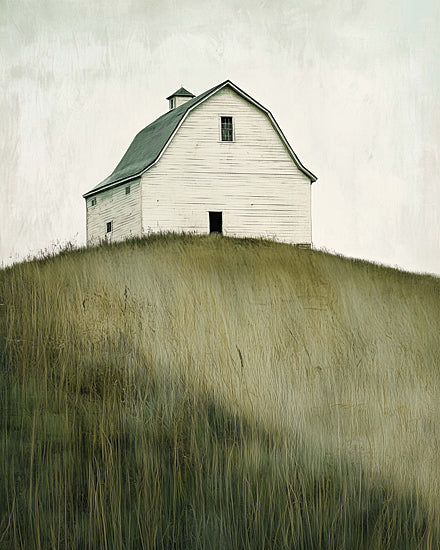 Heidi Kuntz HK469 - HK469 - Schoolhouse Barn   - 12x16 white barn, rustic barn, farmhouse art, country landscape, barn on hill, rolling grass, minimalist farm scene, weathered building, pastoral decor, muted green tones, rural countryside, modern farmhouse wall art, quiet landscape, simple composition, serene country painting, grass field, Americana barn, soft painterly texture from Penny Lane