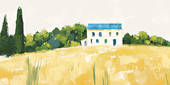 Heidi Kuntz HK471 - HK471 - The Summer House   - 18x9 countryside house, golden field, blue roof farmhouse, trees and greenery, sunny pastoral landscape, modern painterly illustration, rural home, warm summer tones, country living, serene scene, contemporary landscape, brush strokes from Penny Lane