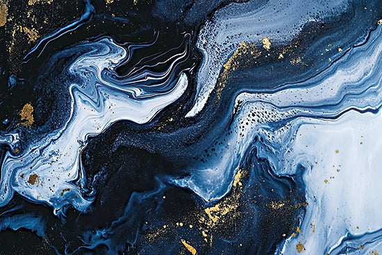 Heidi Kuntz HK489 - HK489 - Blue Swirl   - 18x12 abstract marble, blue and white fluid art, navy swirl, gold flecks, resin art look, geode inspired, modern abstract, luxury wall art, flowing ink pattern, moody blue palette, contemporary decor, marbled texture, dynamic movement, decorative abstract painting, dark background, elegant metallic accents, statement art from Penny Lane