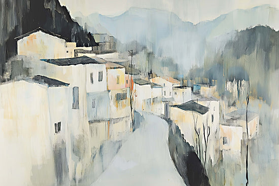 Heidi Kuntz HK542 - HK542 - The High Road - 18x12 misty hillside village, white stucco buildings, winding street, distant blue mountains, gray and cream palette, moody European town, atmospheric landscape, quiet cityscape, painterly brush strokes, soft architectural scene from Penny Lane