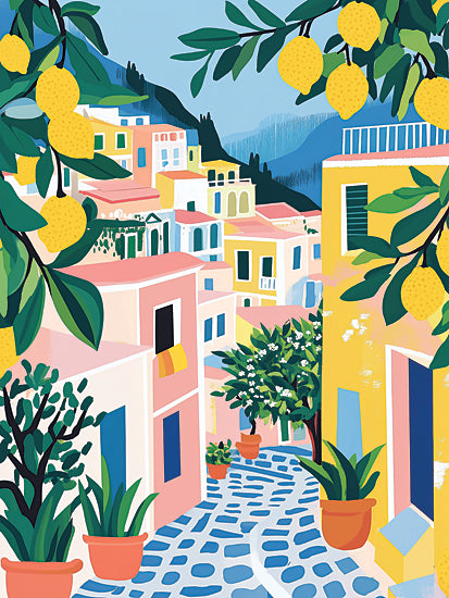Heidi Kuntz HK568 - HK568 - Lemon Street - 12x16 Mediterranean village, lemon tree, colorful town, coastal alley, Italian inspired street, citrus wall art, pastel buildings, blue cobblestone path, Amalfi coast feel, sunny travel art, decorative cityscape, potted plants, summer village, bright contemporary illustration, European getaway, fruit themed decor, cheerful palette from Penny Lane