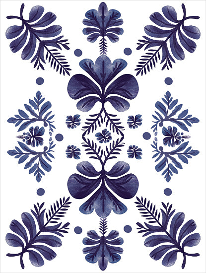 Heidi Kuntz HK573 - HK573 - Blue Motif II - 12x16 blue folk floral pattern, symmetrical botanical motif, Scandinavian folk art, decorative floral tile, indigo flowers, hand painted pattern, ornamental leaves, floral symmetry, traditional folk design, modern folk decor, block print style, blue and white artwork, stylized blossoms, decorative surface pattern, Nordic inspired motif, elegant repeat pattern from Penny Lane