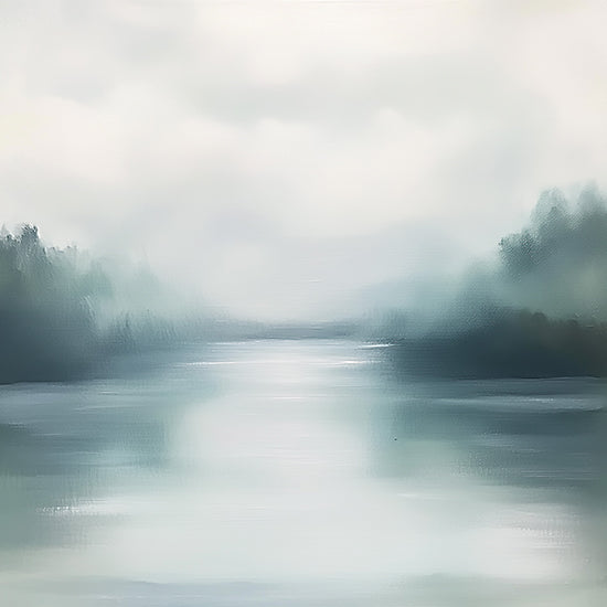 Heidi Kuntz HK579 - HK579 - Hazy Waterway - 12x12 abstract minimalist seascape or lake horizon, soft foggy atmosphere, blurred shoreline silhouettes, calm water reflection, teal green palette, modern abstract landscape, atmospheric haze, smooth gradients, peaceful moody scene from Penny Lane